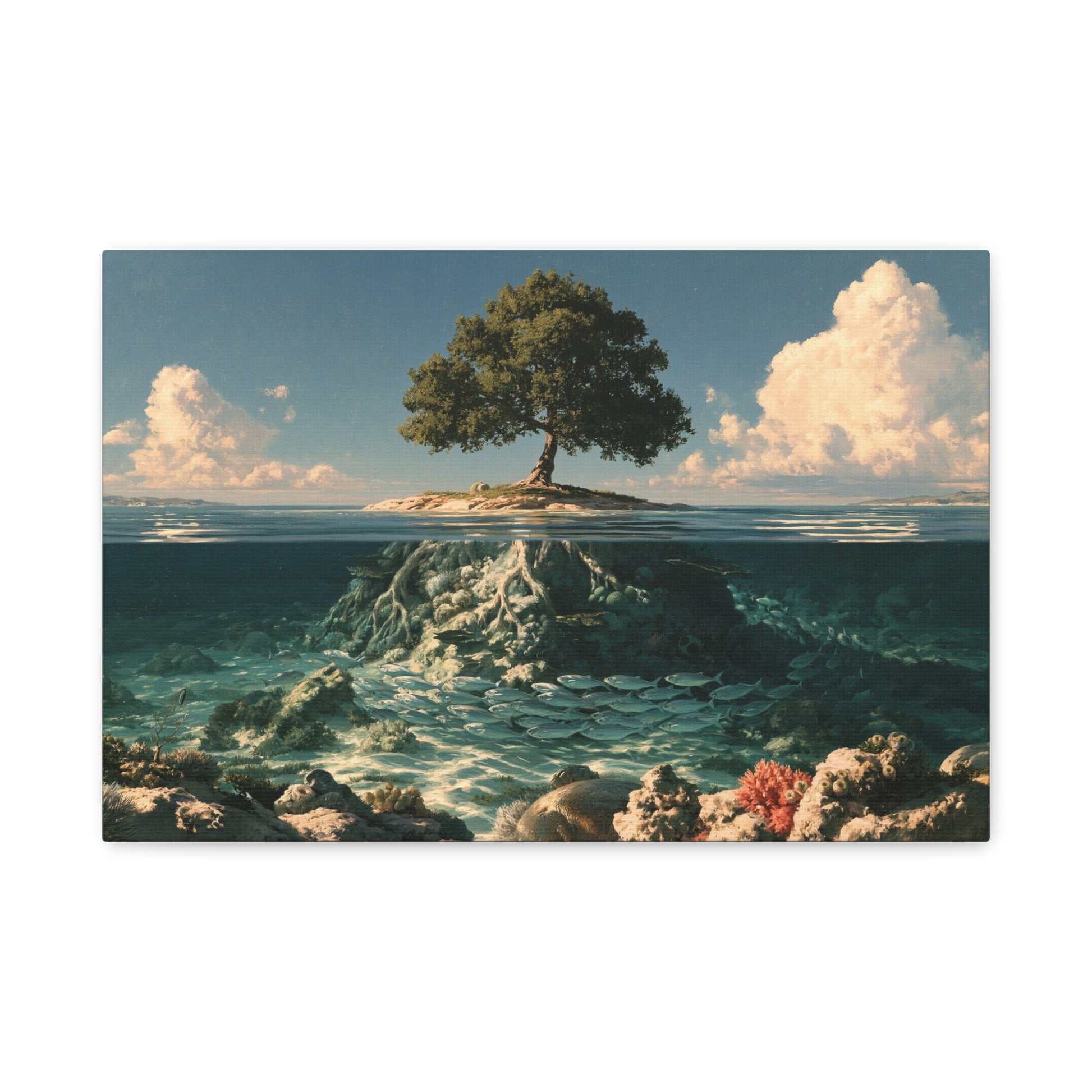 Tableau Arbre de Vie Aquatique, un arbre posé sur un îlot dont les racines plongent dans une mer transparente, format S - Art Virtuoso