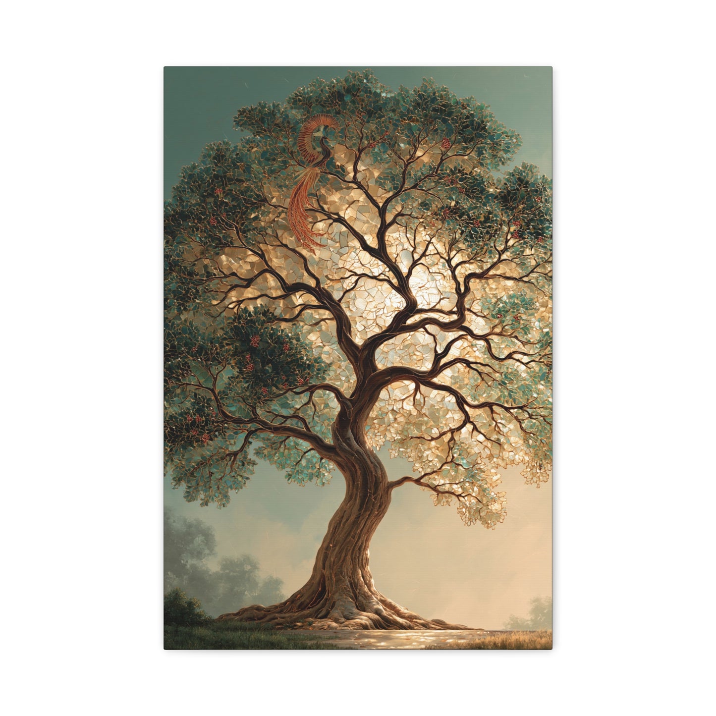 Tableau Bayterek Arbre de Vie, un arbre élancé portant une couronne lumineuse dans un paysage brumeux, format M - Art Virtuoso
