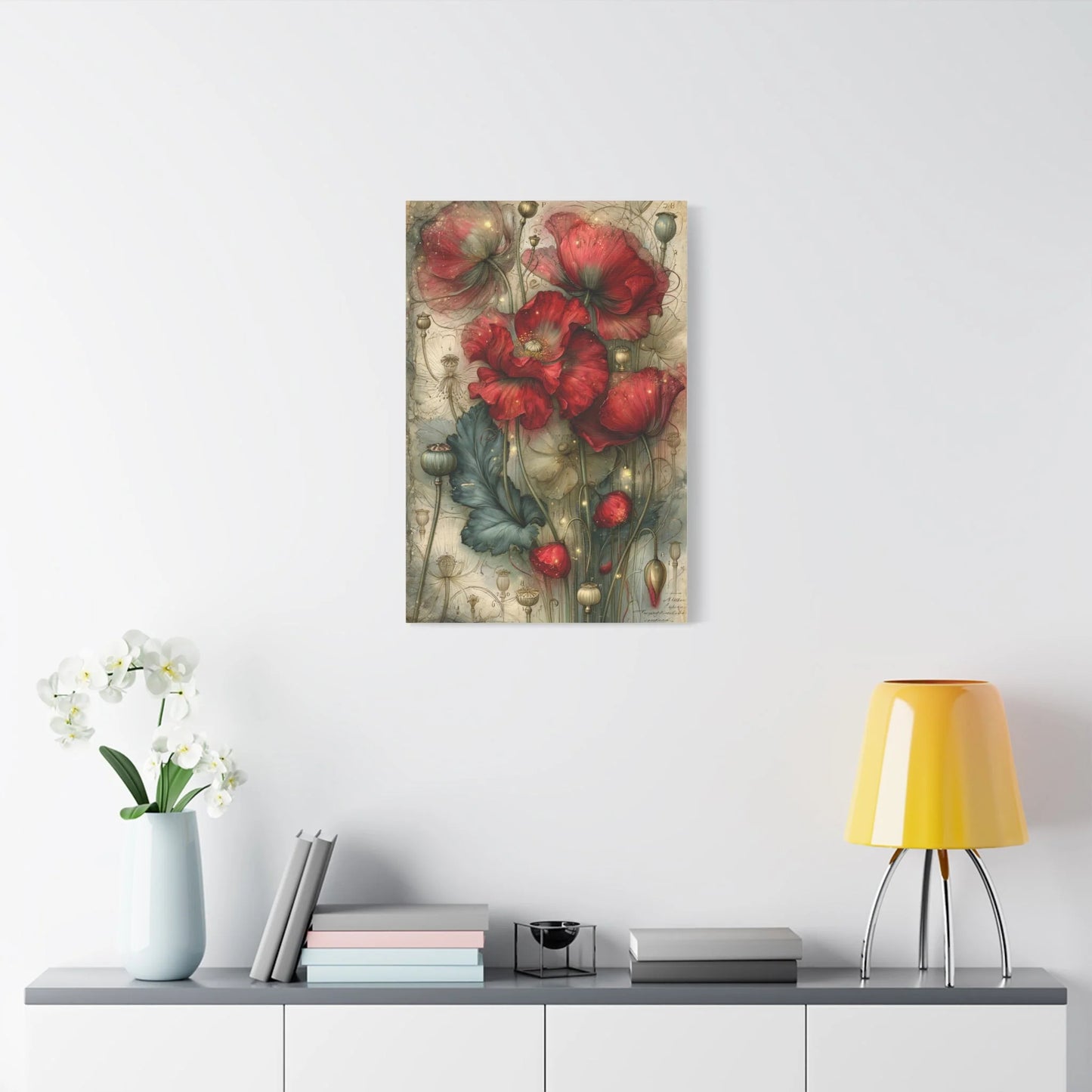 Tableau Coquelicots Vintage - Planche Botanique Ancienne - grand format salon spacieux