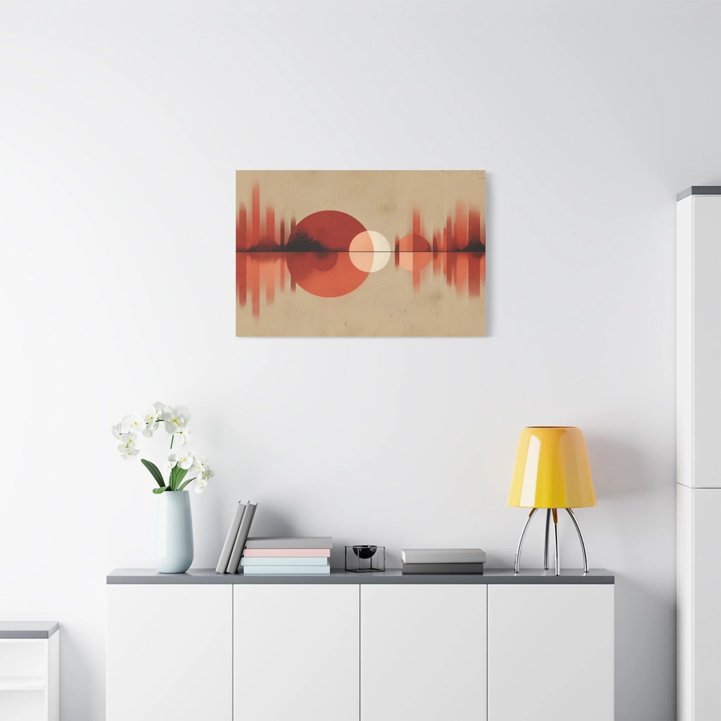 Tableau toile éclipse terracotta dans un loft contemporain
