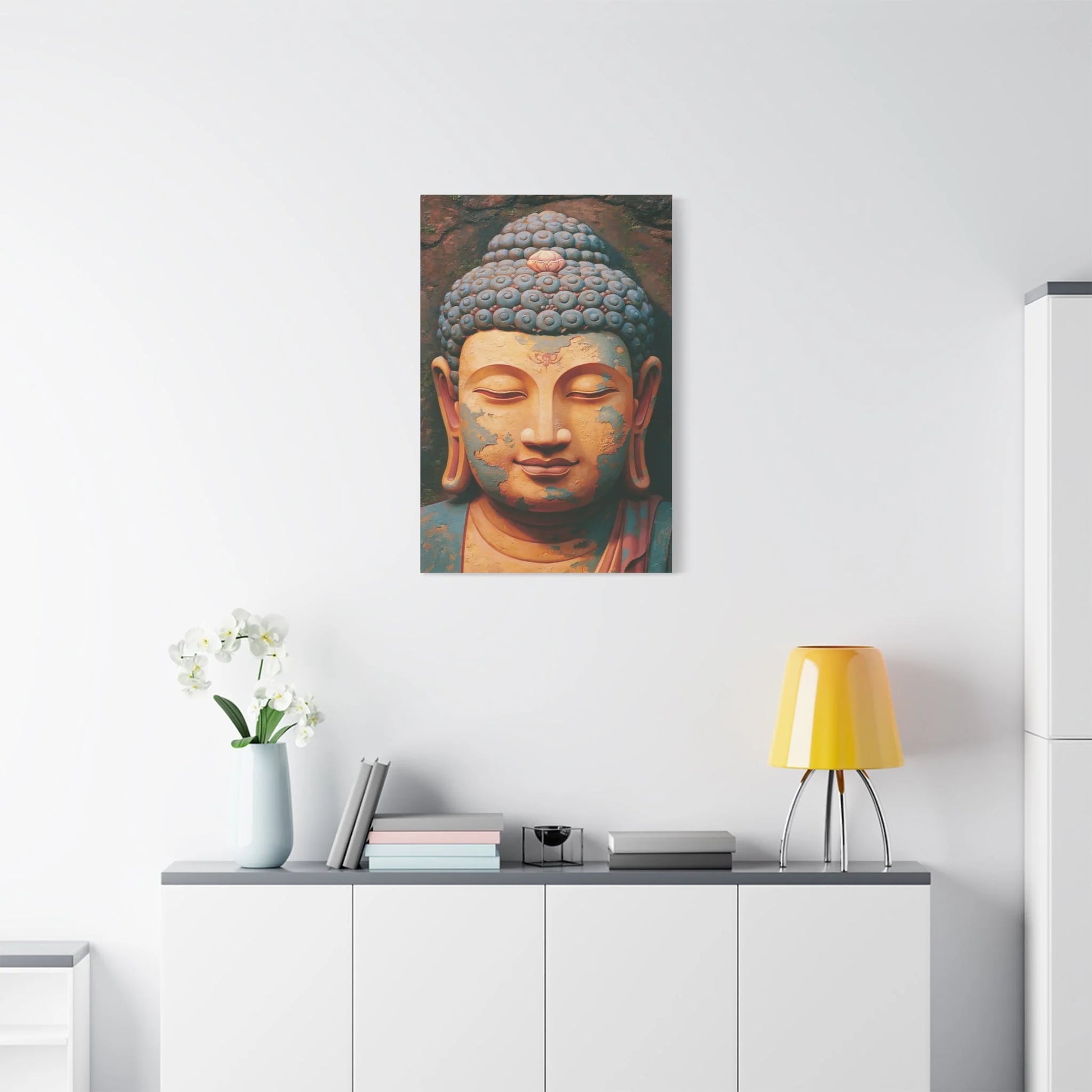 Tableau Tête de Bouddha - Sérénité de Pierre Patinée - ambiance loft haut de plafond