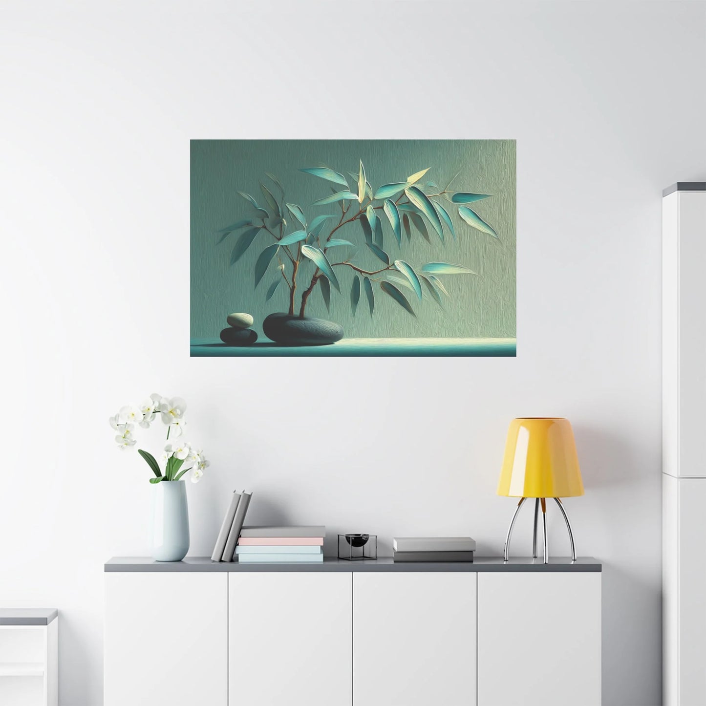 Tableau Zen vert sauge dans un salon contemporain
