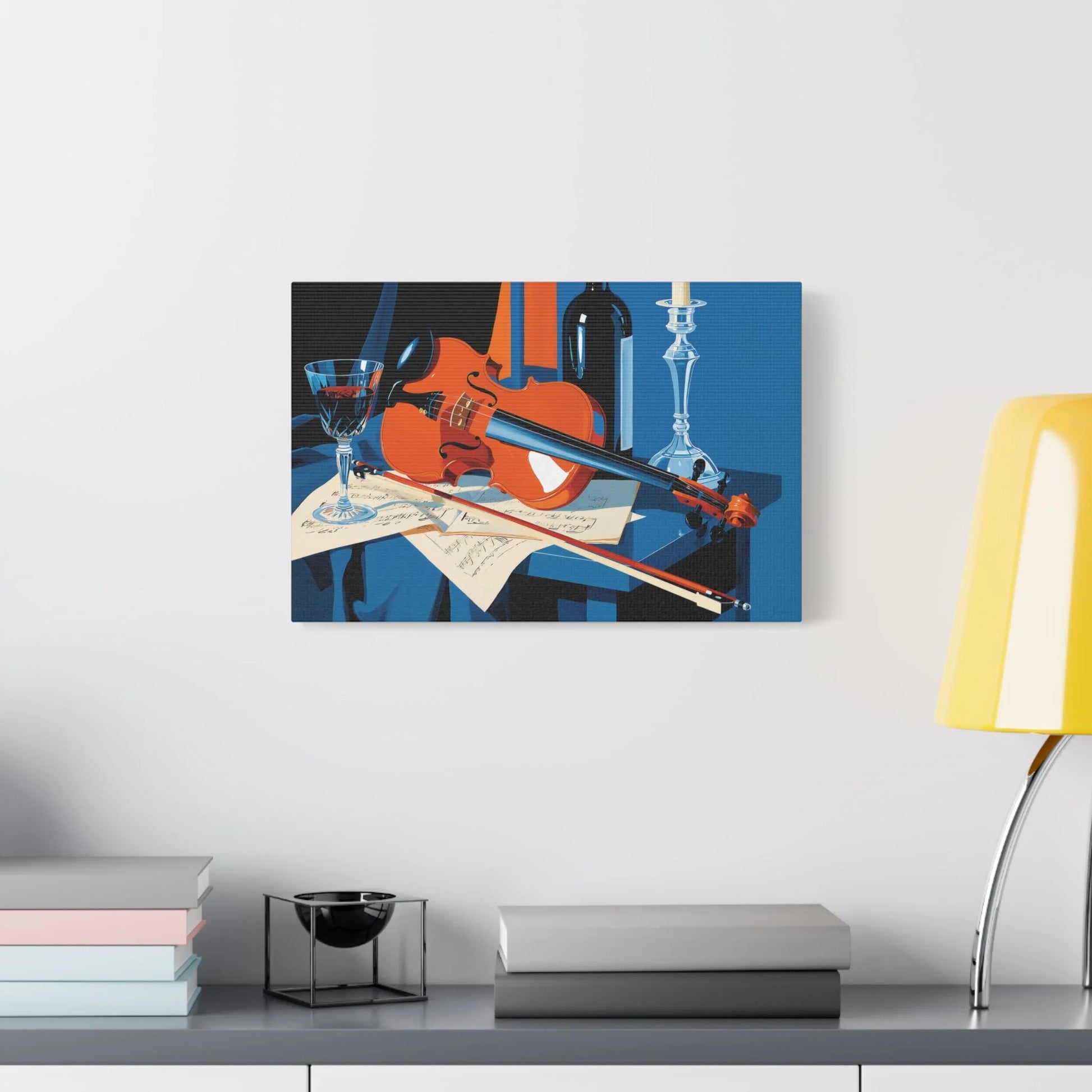 Tableau Nature Morte Violon Partition Vin - Accord du Soir - décor salon contemporain bois