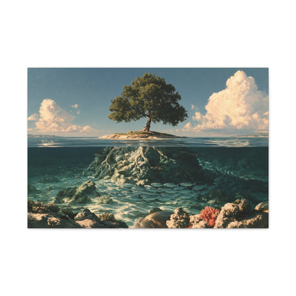 Tableau Arbre de Vie Aquatique, un arbre posé sur un îlot dont les racines plongent dans une mer transparente, format L - Art Virtuoso