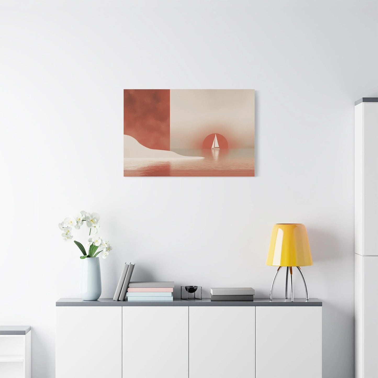 Tableau toile voilier terracotta dans un salon bord de mer