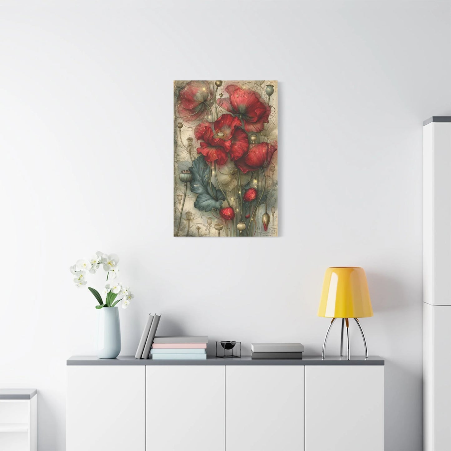 Tableau Coquelicots Vintage - Planche Botanique Ancienne - ambiance loft haut de plafond
