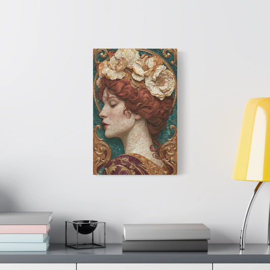 Tableau en Mosaïque Art Nouveau Femme Fleurie - Couronne Mucha - décor salon contemporain bois