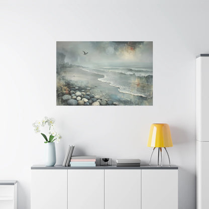 Tableau Plage galets gris dans un salon japandi