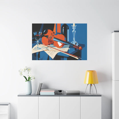 Tableau Nature Morte Violon Partition Vin - Accord du Soir - vue mur grande hauteur