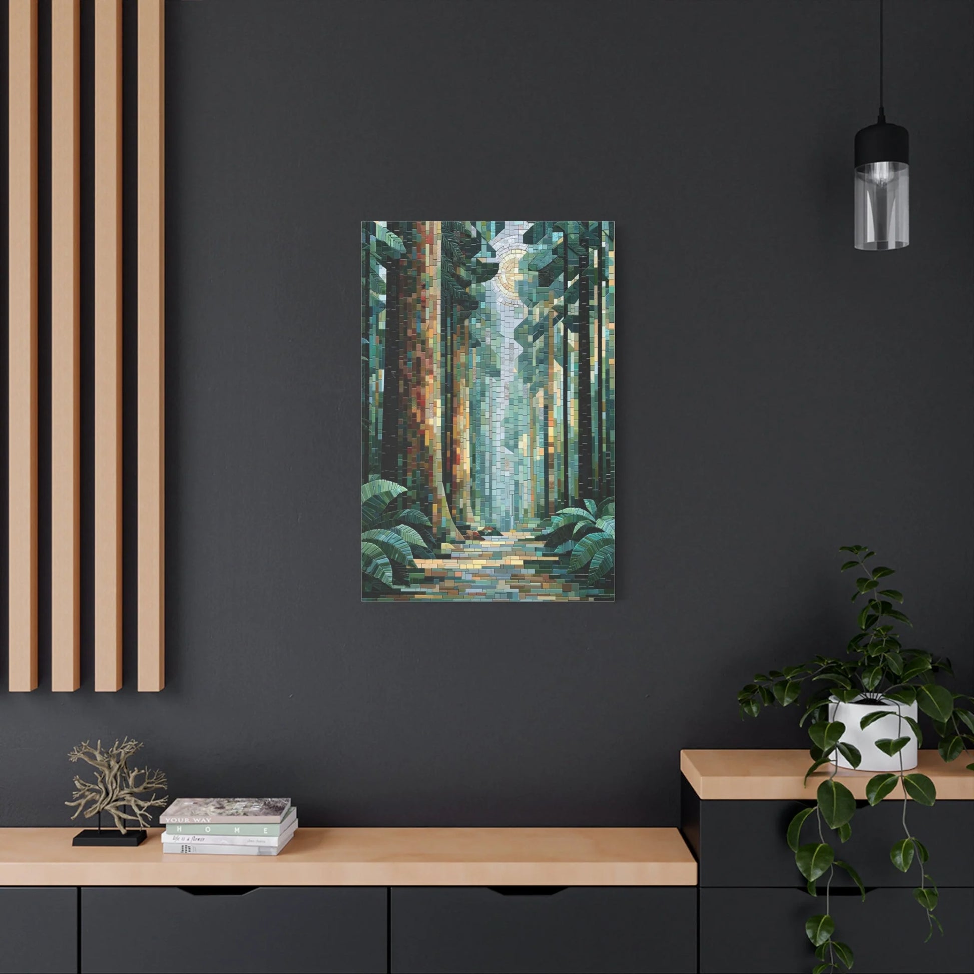 Tableau en Mosaïque Forêt Vert Sauge - Sous-Bois Secret - format XXL pièce de réception