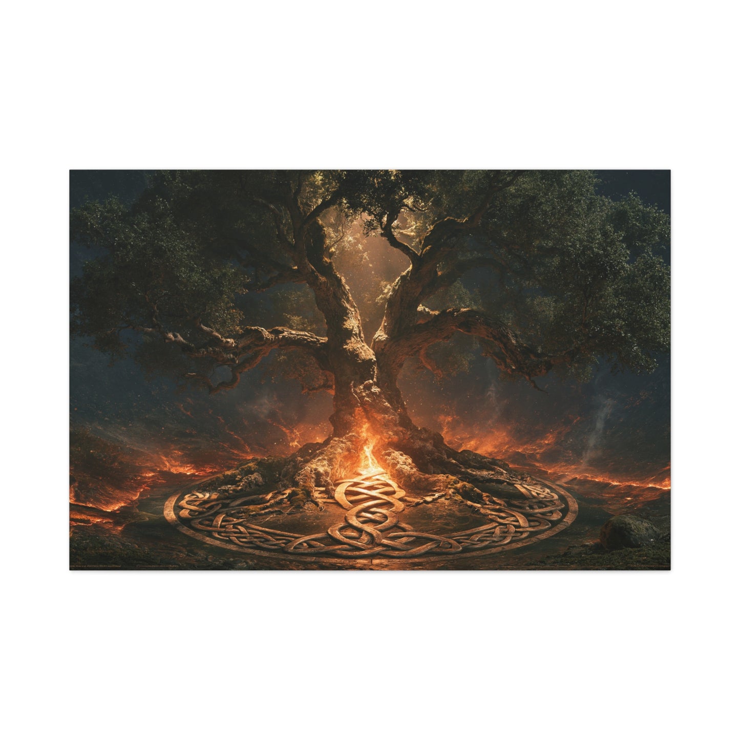 Tableau Arbre de Vie Celtique, un chêne ancien entouré d’un cercle de motifs noués et d’une lueur de braise, format XXL - Art Virtuoso