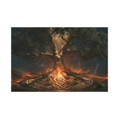 Tableau Arbre de Vie Celtique, un chêne ancien entouré d’un cercle de motifs noués et d’une lueur de braise, format XXL - Art Virtuoso