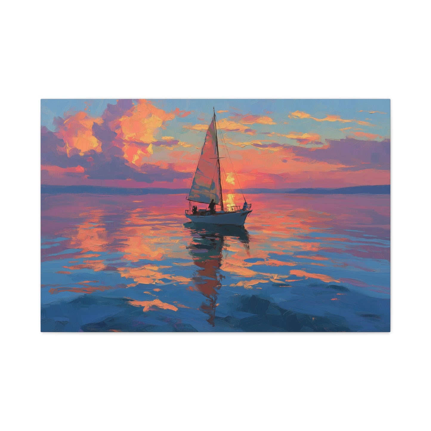 Voilier sur mer calme au coucher de soleil rose orange - Art Virtuoso - vue 4/20