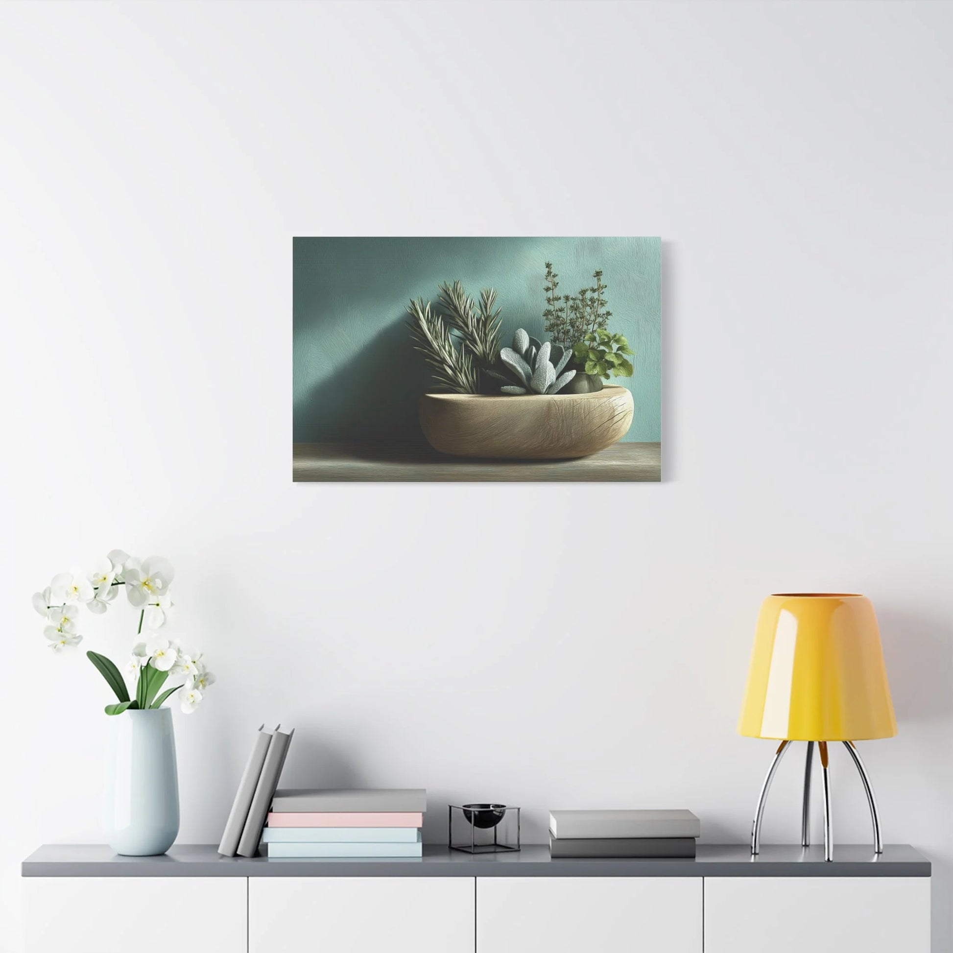Tableau Cuisine vert sauge bois format horizontal au-dessus d'une fenêtre
