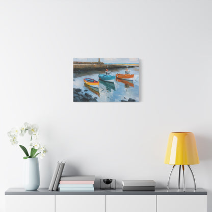 Port breton avec trois barques colorees et reflets dans l eau calme - Art Virtuoso - vue 10/20