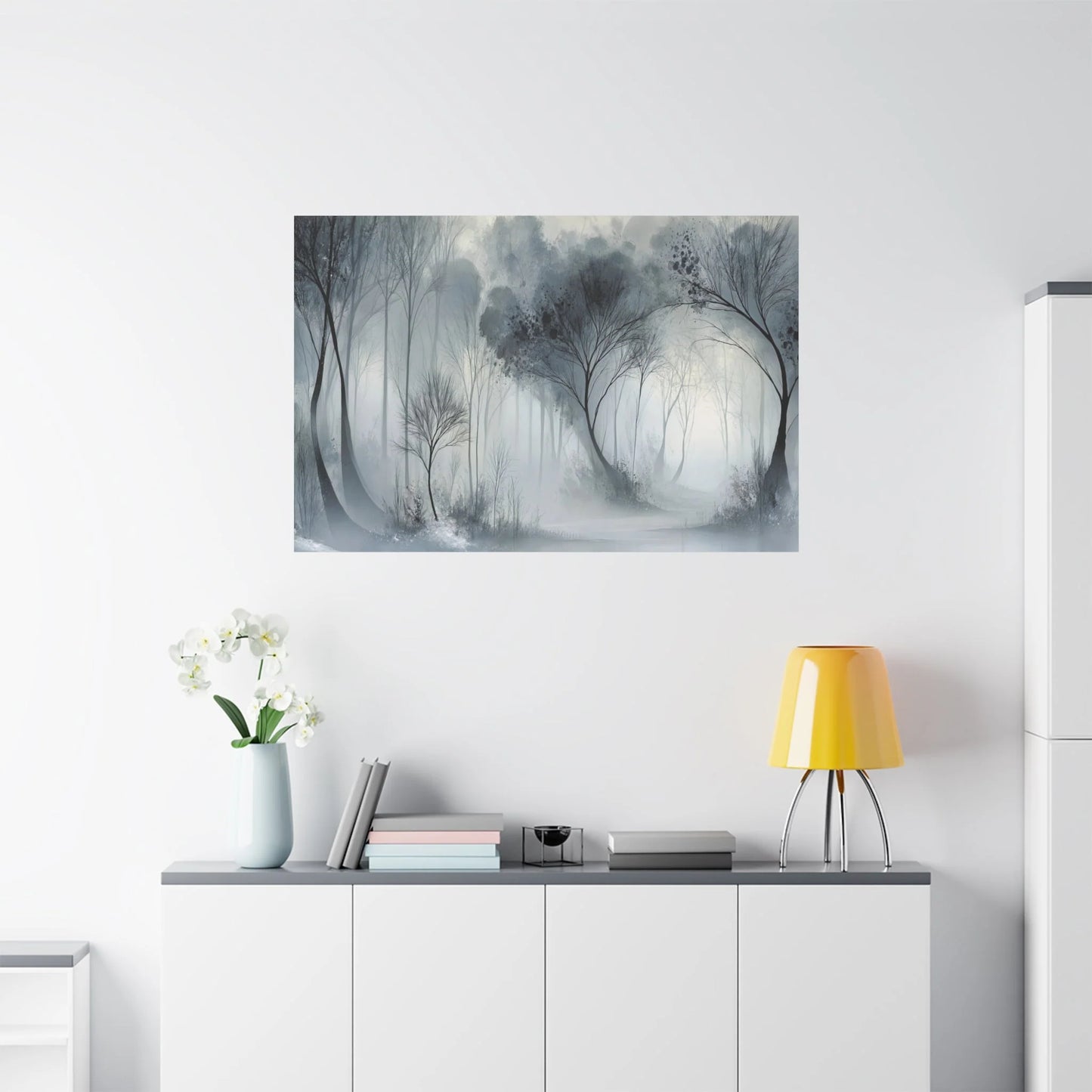 Tableau Forêt brume gris dans un salon contemporain