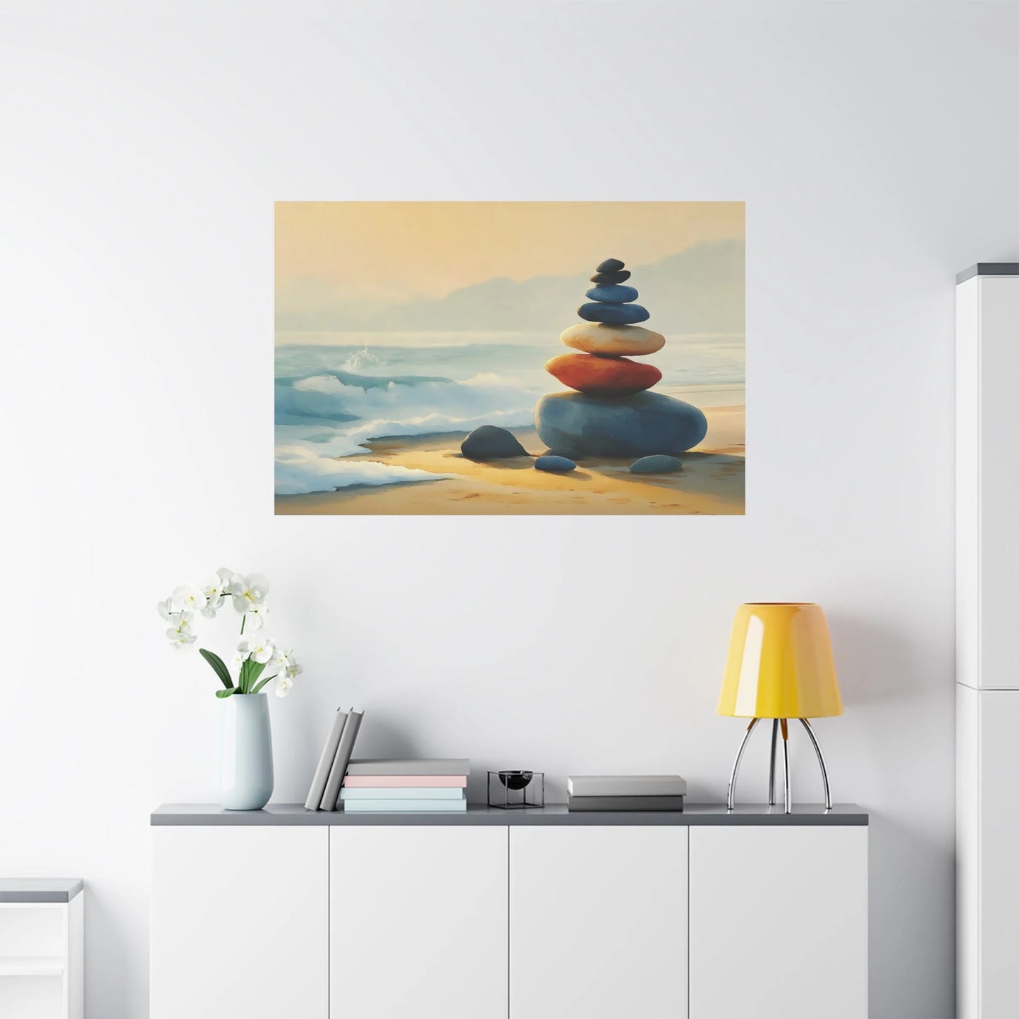 Tableau Cairn zen dans un salon contemporain