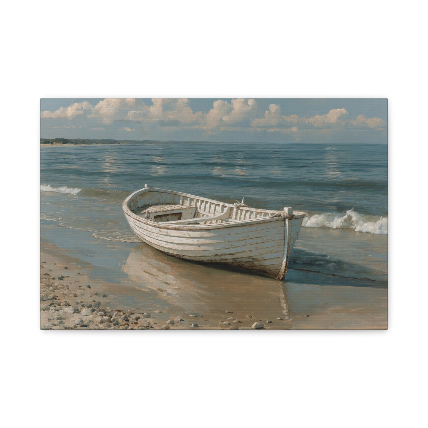 Barque blanche en bois posee sur une plage de sable mouille devant une mer calme - Art Virtuoso - vue 1/20