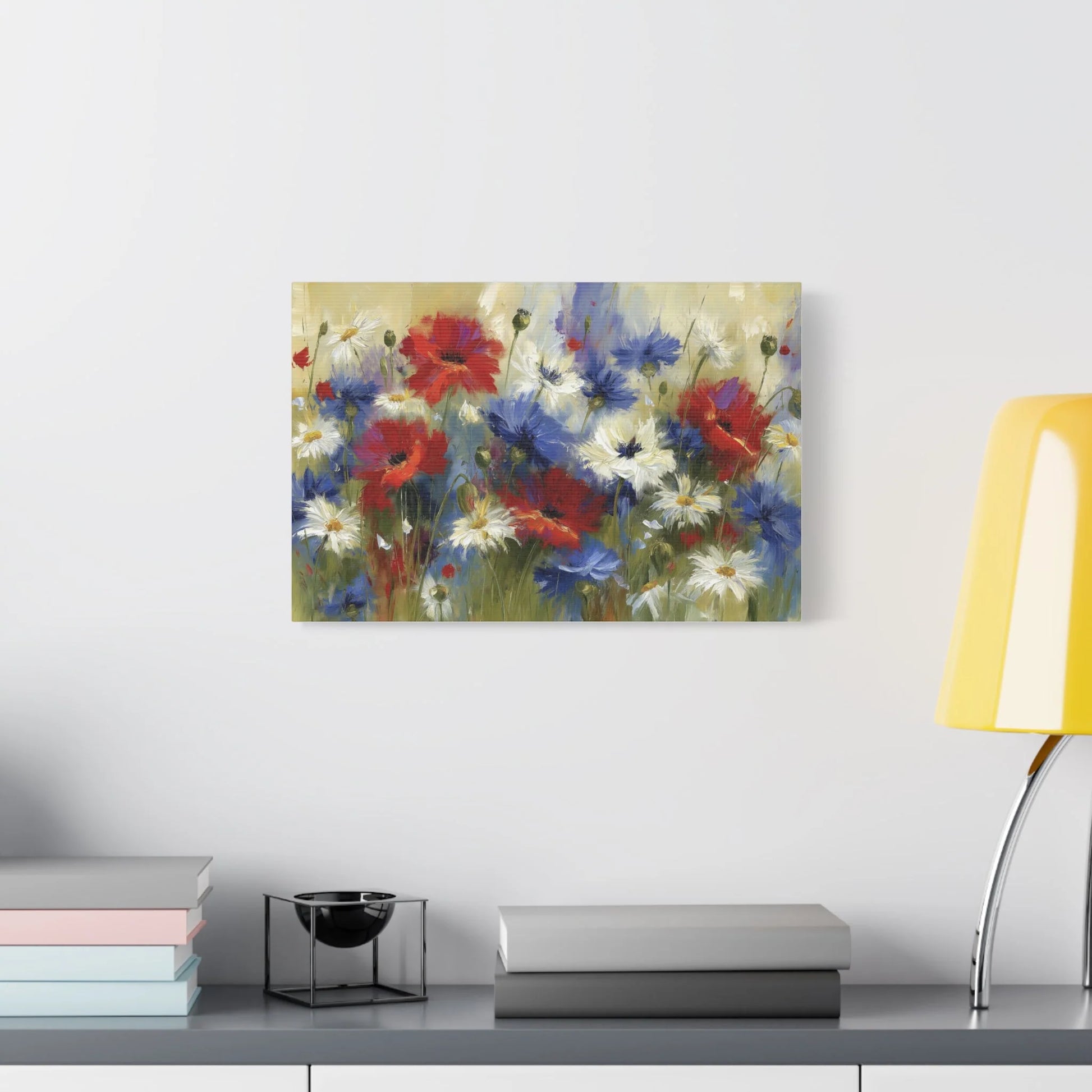 Tableau Champ Tricolore - Coquelicots, Bleuets et Marguerites - décor salon contemporain bois
