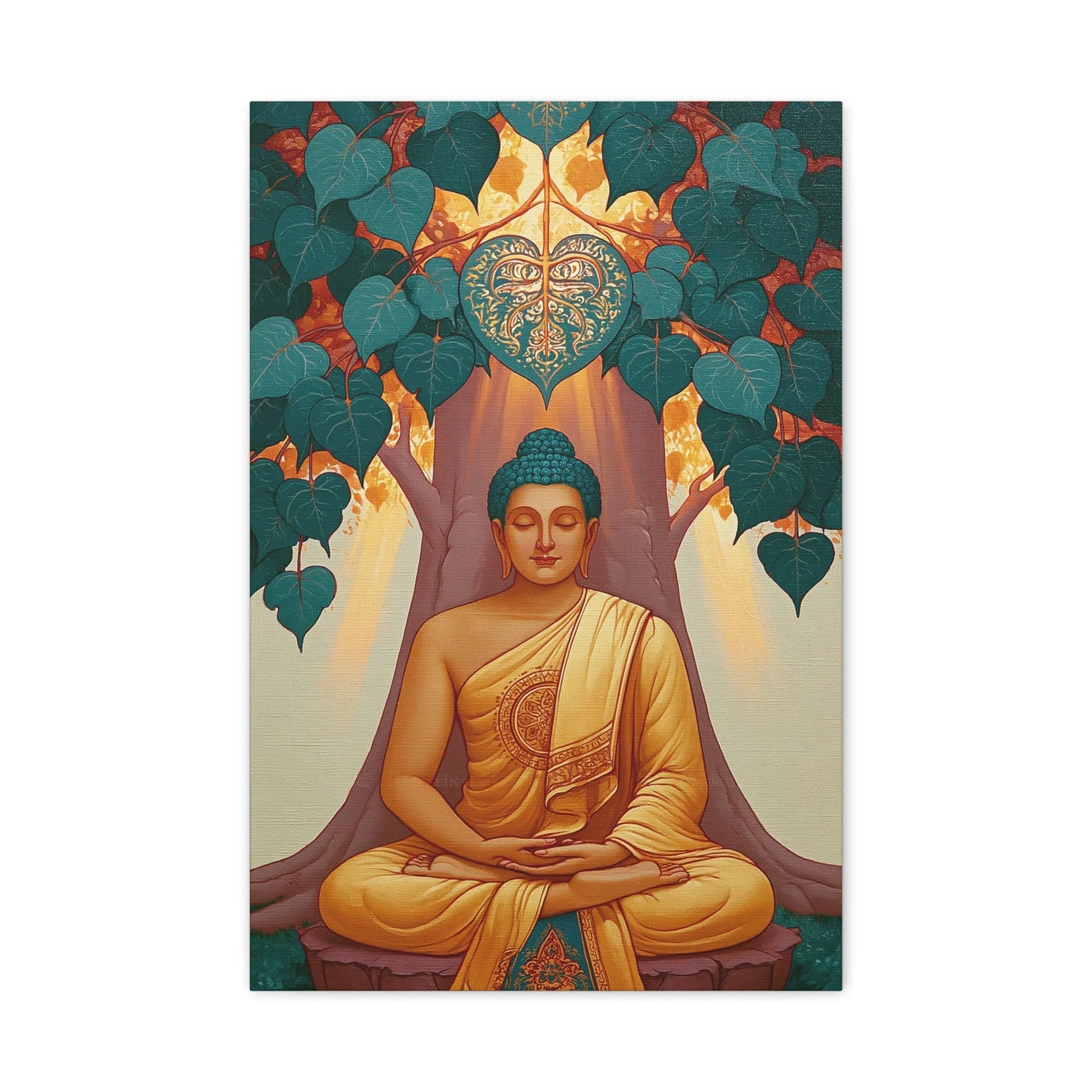Tableau Bouddha sous l'Arbre Bodhi - Éveil de Bodh Gaya - vue mur blanc minimaliste