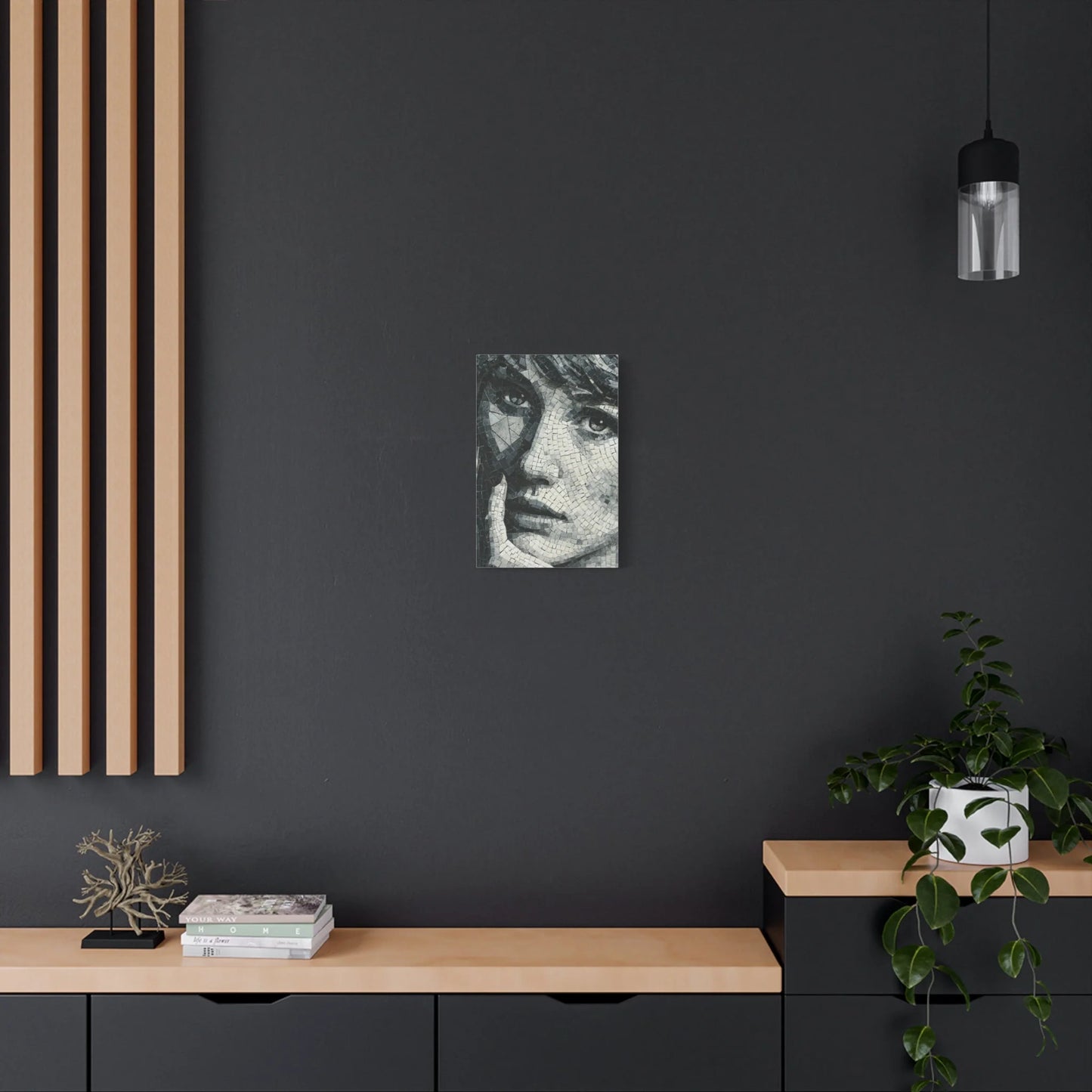 Tableau en Mosaïque Portrait Géométrique Noir Blanc - Visage Fragmenté - vue mur béton ciré
