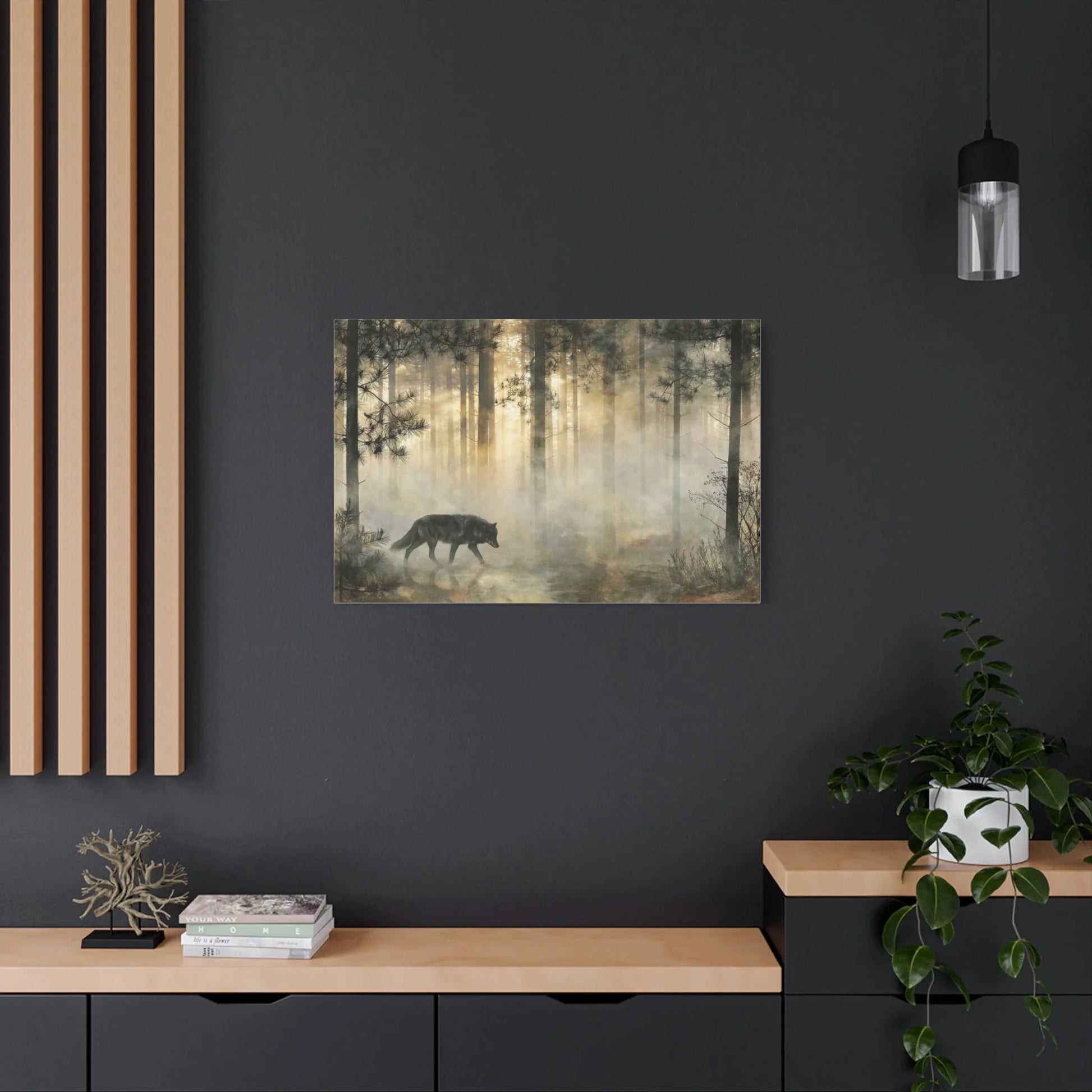 Tableau Loup en Forêt - Voile de Brume à l'Aube - format XXL pièce de réception