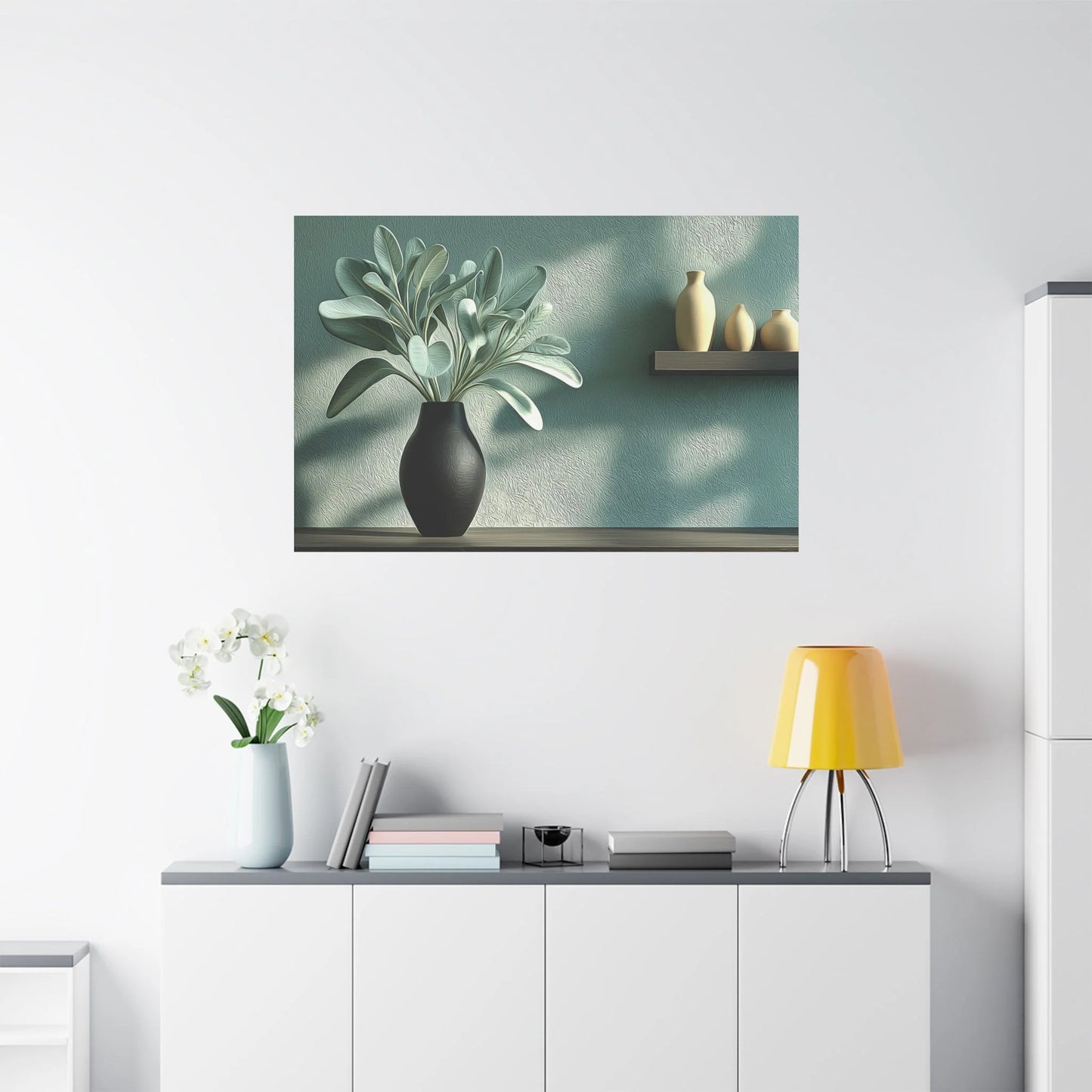 Tableau Cuisine vert sauge noir dans un salon contemporain