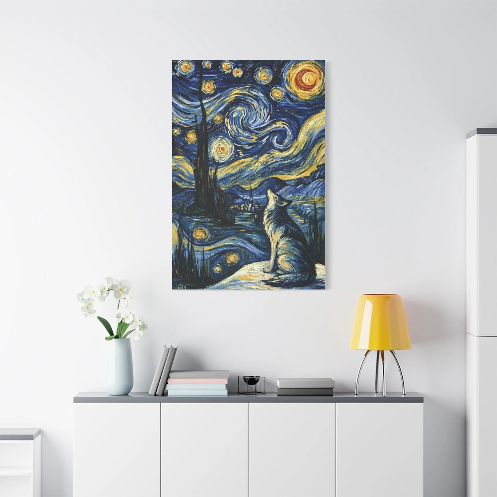 Tableau Loup sous la Voie Lactée - Hommage à Van Gogh - vue mur grande hauteur