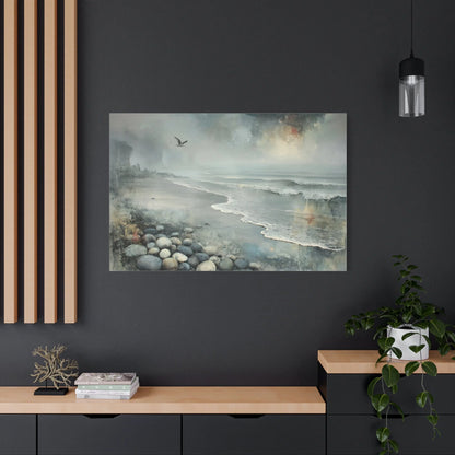 Tableau Plage Galets Gris - Mouette dans la Brume — Art Virtuoso