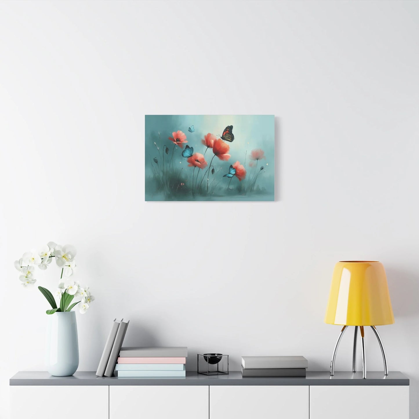 Tableau Coquelicots et Papillons - Romantisme Botanique - ambiance chambre adulte