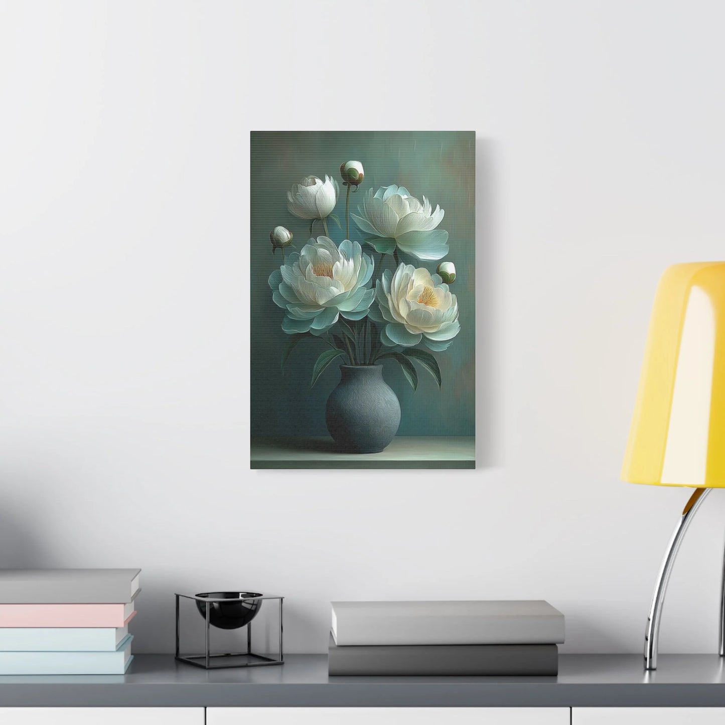 Tableau Bouquet pivoines vert sauge dans une chambre romantique