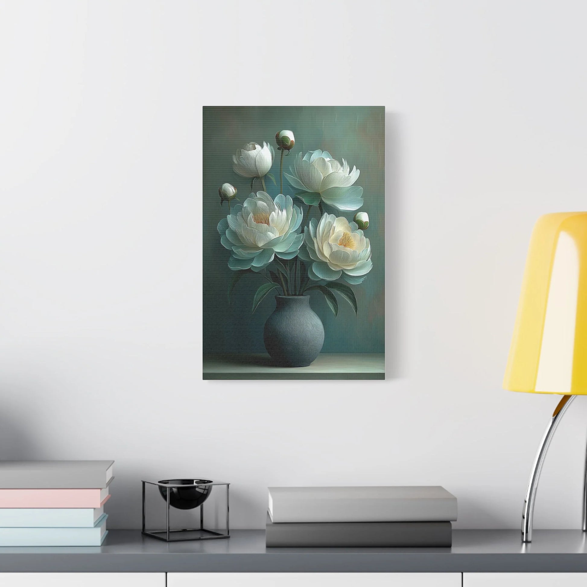 Tableau Bouquet pivoines vert sauge dans une chambre romantique