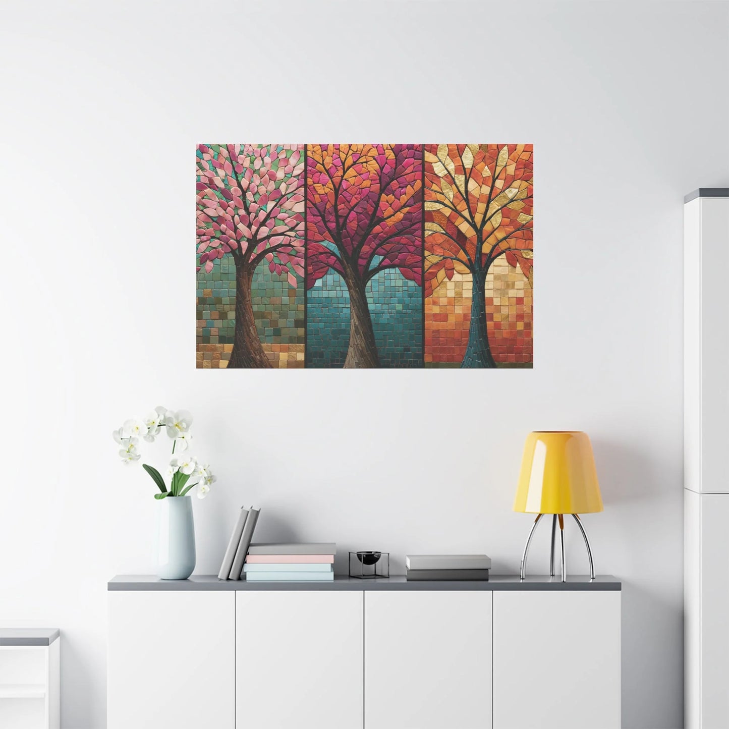 Tableau en Mosaïque Triptyque Arbre des Saisons - Cycle Vivant - vue mur grande hauteur