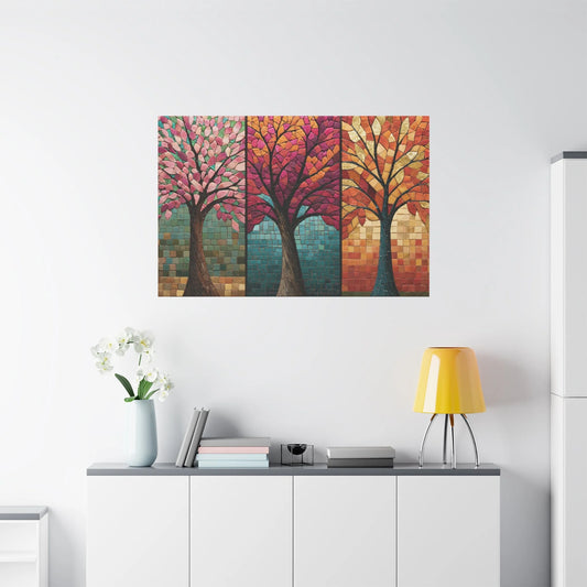 Tableau en Mosaïque Triptyque Arbre des Saisons - Cycle Vivant - vue mur grande hauteur