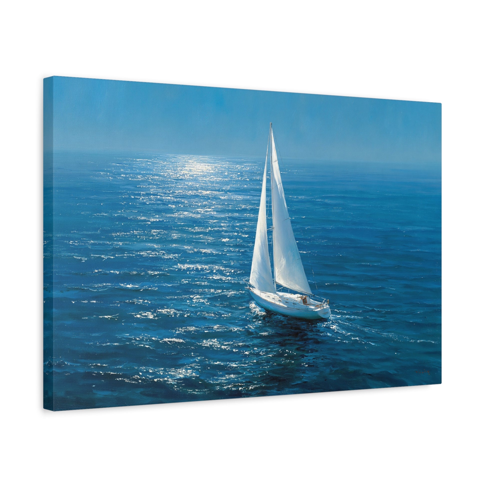Voilier blanc seul sur ocean bleu profond avec reflet lumineux - Art Virtuoso - vue 9/20