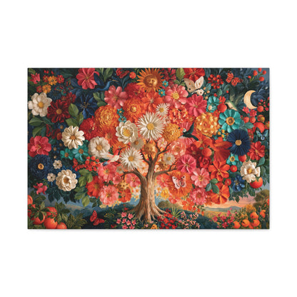 Tableau Arbre de Vie Mexicain, un arbre blanc entièrement entouré de fleurs multicolores, format L - Art Virtuoso