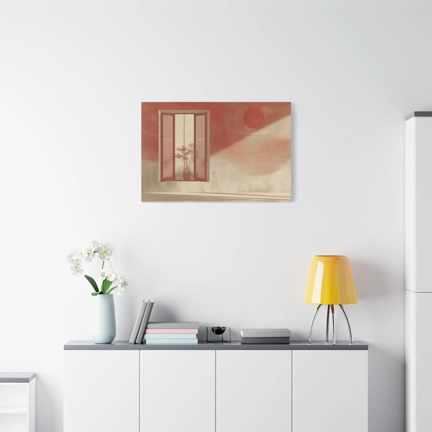 Toile fenêtre terracotta dans un salon scandinave aux accents Sud
