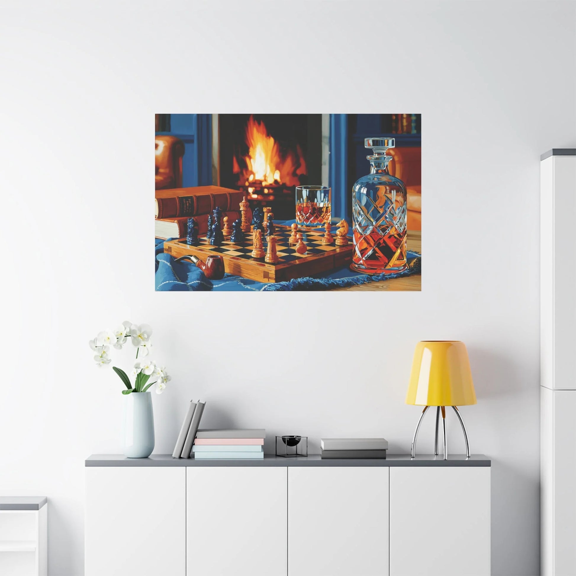 Tableau Nature Morte Échiquier Pipe Livre - Soirée Bibliothèque - vue mur grande hauteur