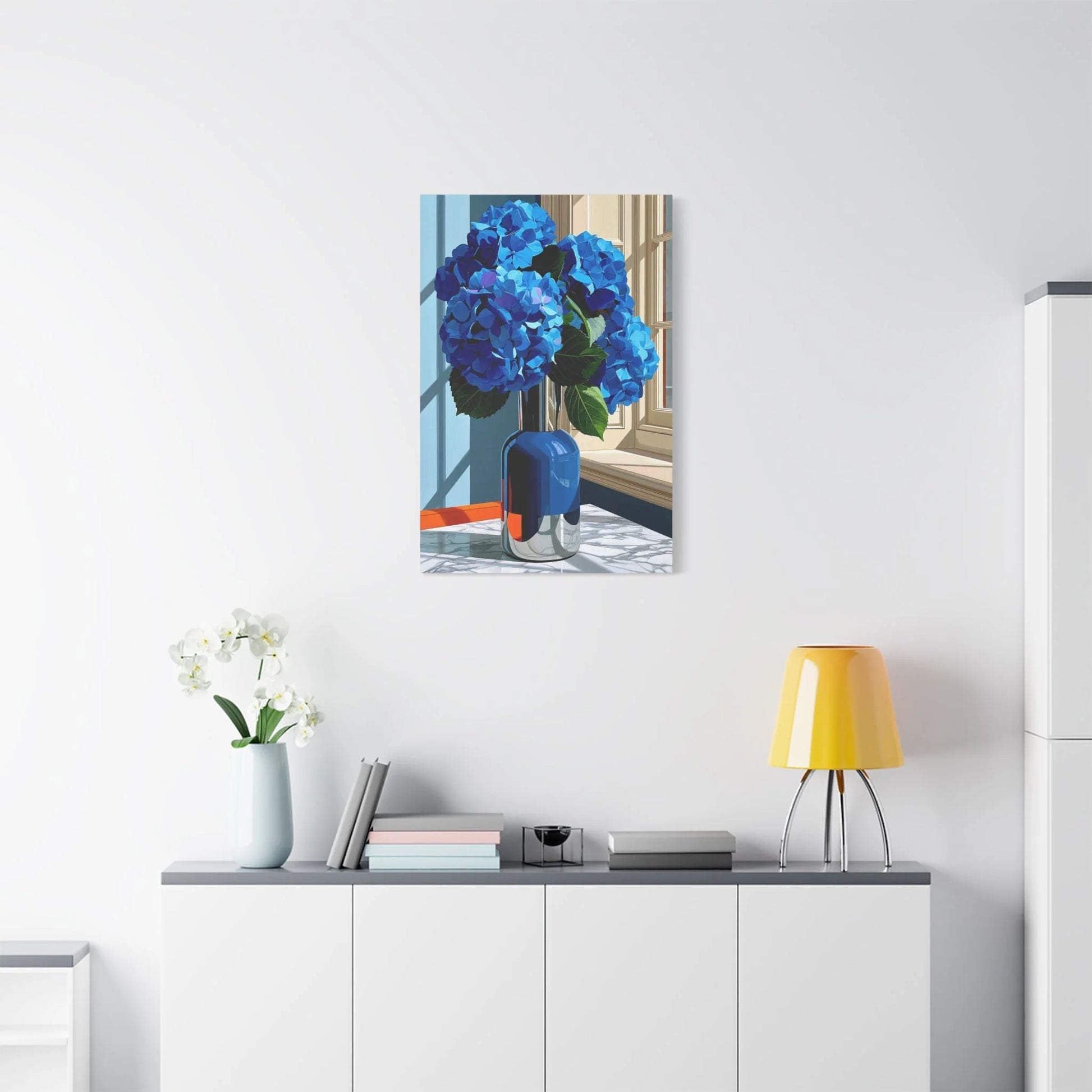 Tableau Nature Morte Hortensias Bleus Marbre - Fraîcheur Florale - ambiance loft haut de plafond