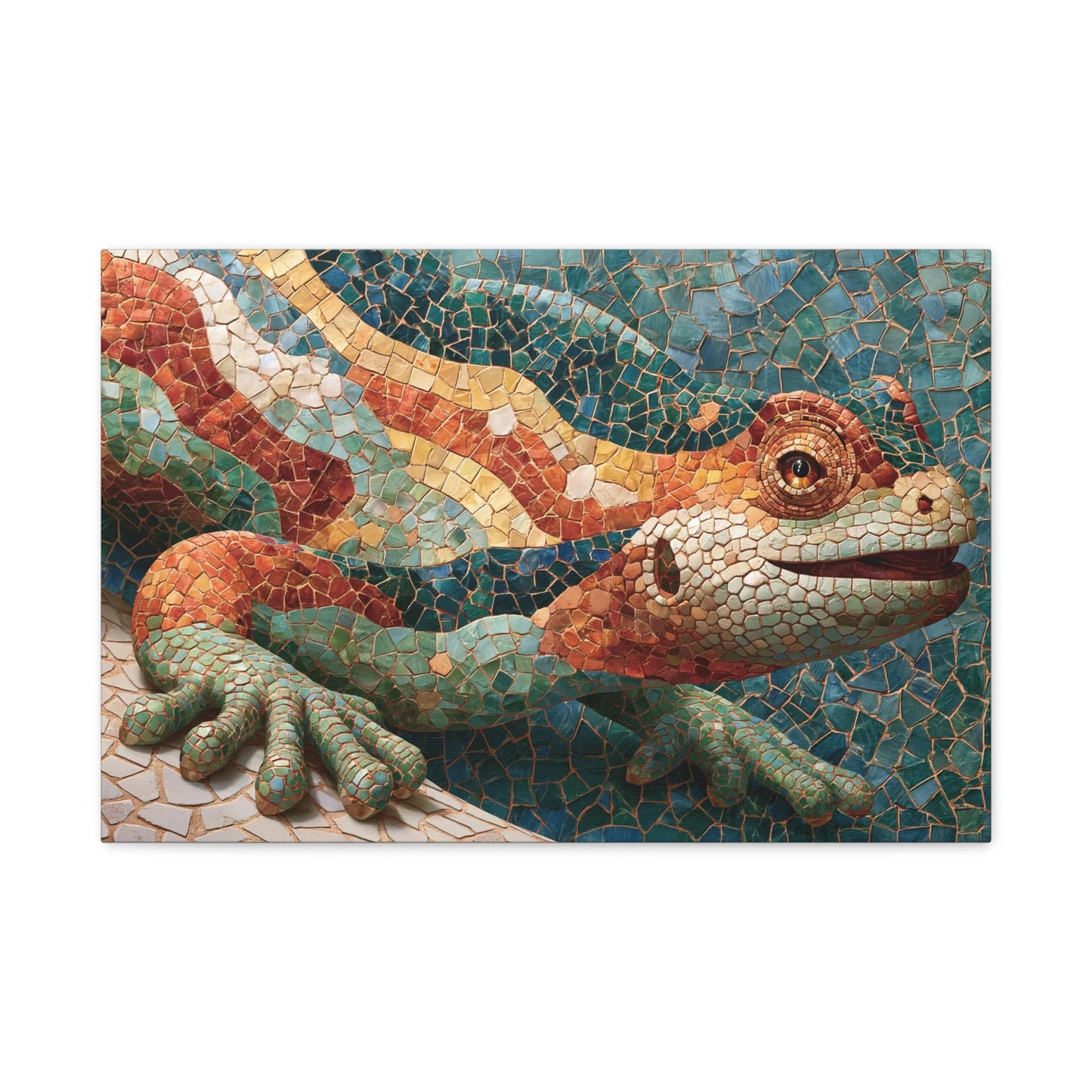 Tableau en Mosaïque Trencadís Gaudí Salamandre - Parc Güell - vue mur blanc minimaliste