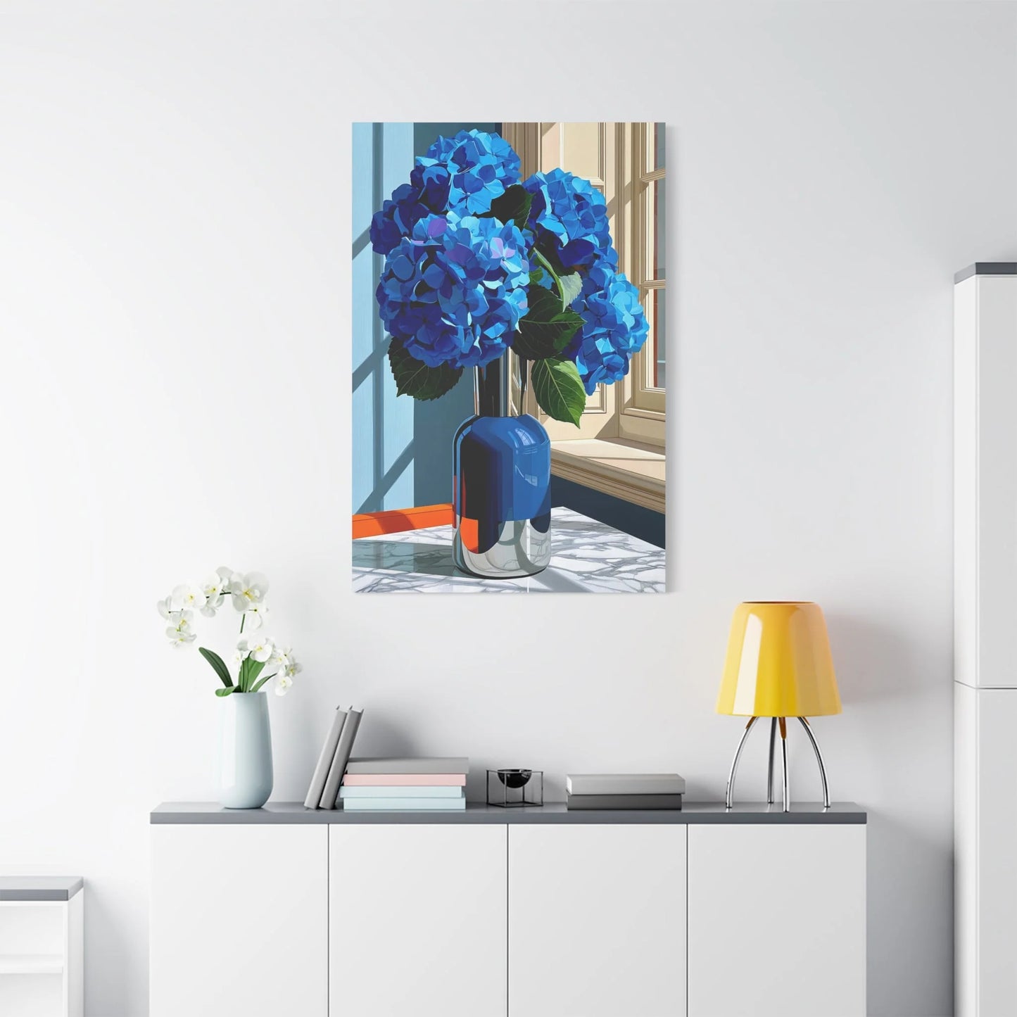 Tableau Nature Morte Hortensias Bleus Marbre - Fraîcheur Florale - vue mur grande hauteur