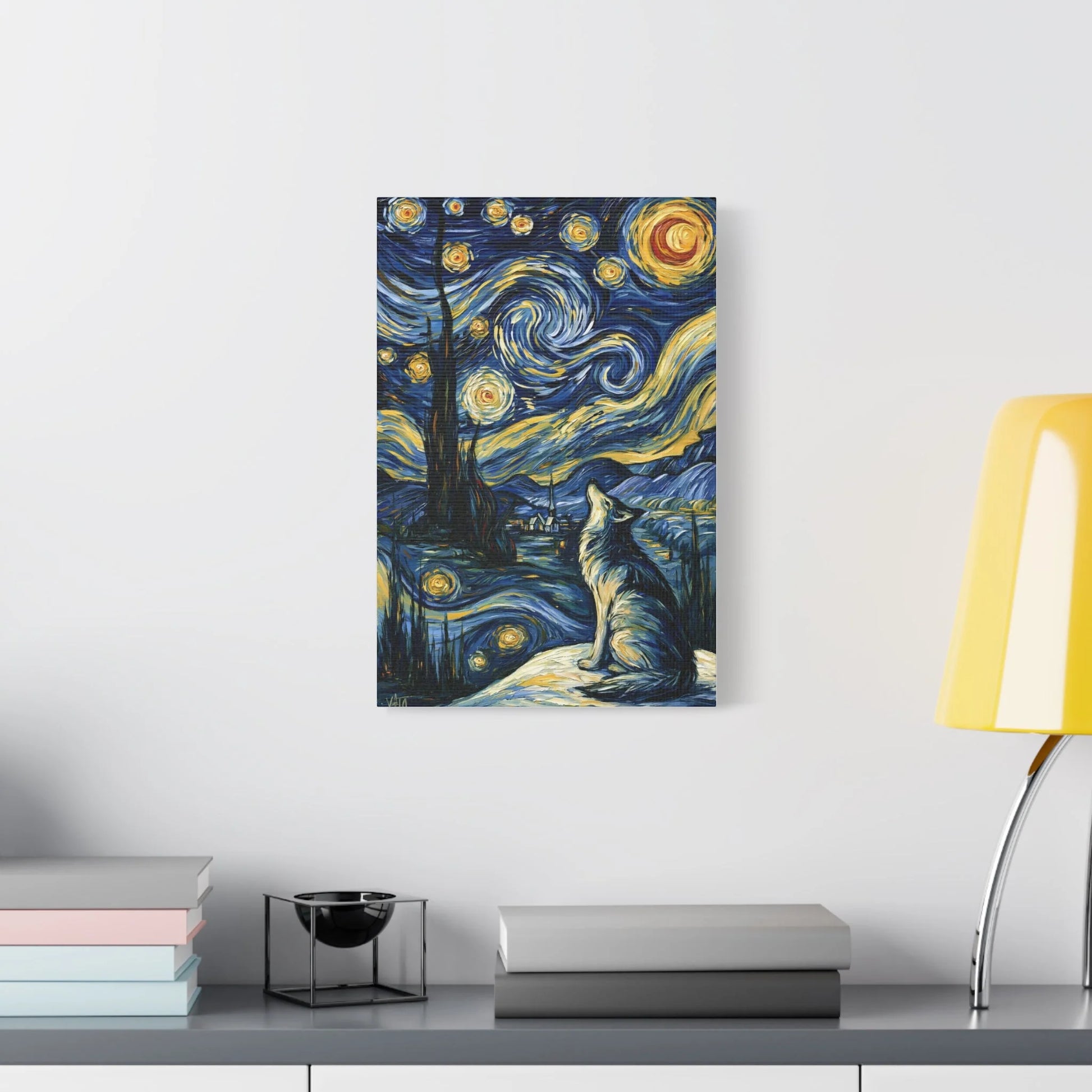 Tableau Loup sous la Voie Lactée - Hommage à Van Gogh - décor salon contemporain bois