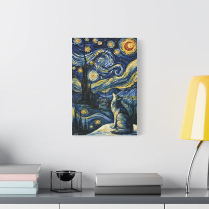 Tableau Loup sous la Voie Lactée - Hommage à Van Gogh - décor salon contemporain bois