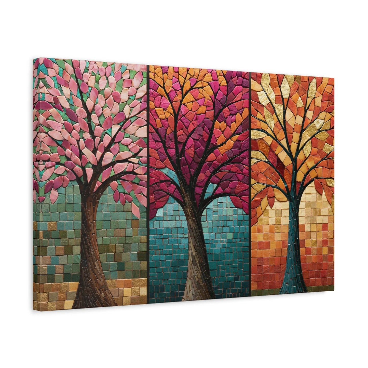 Tableau en Mosaïque Triptyque Arbre des Saisons - Cycle Vivant - intégration loft industriel