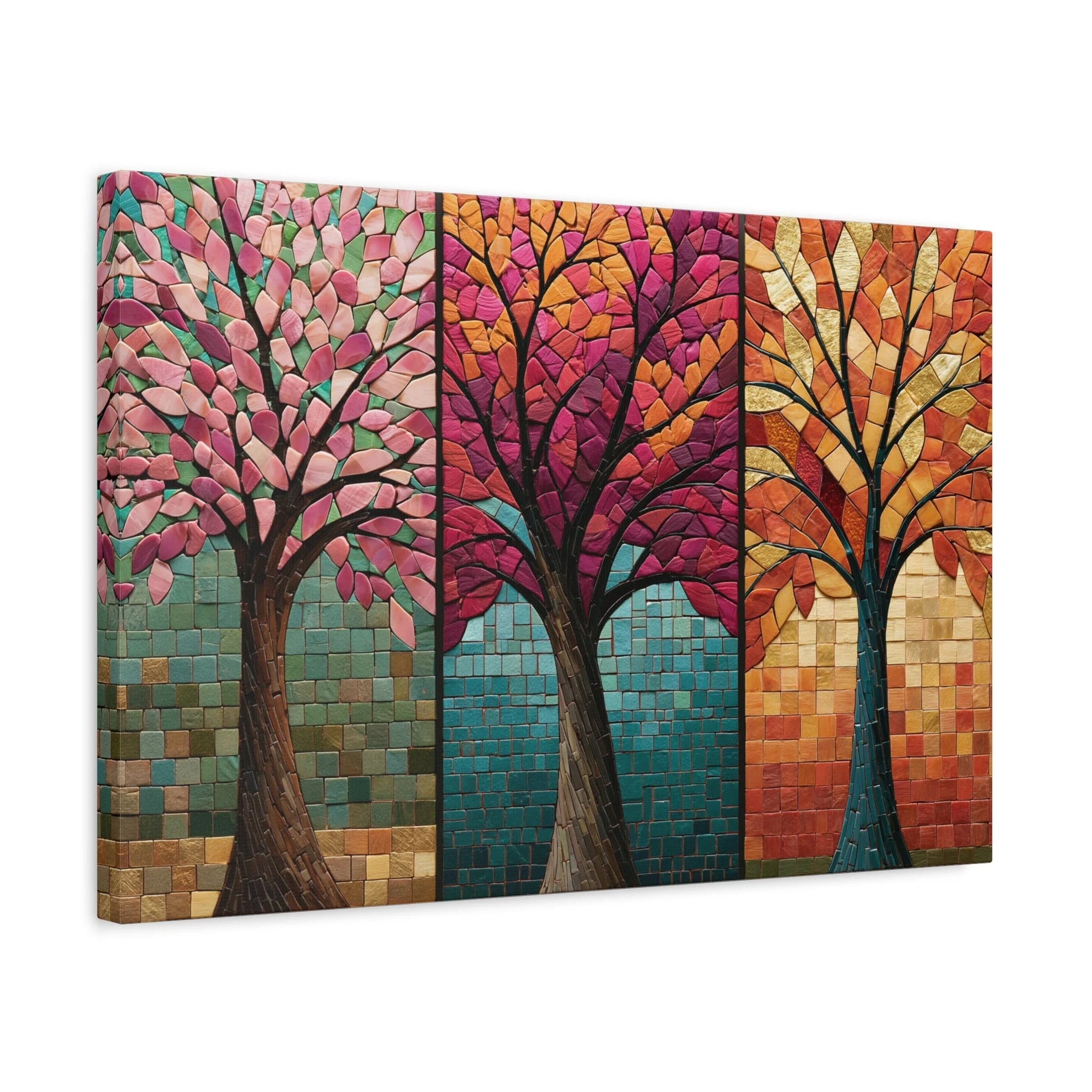 Tableau en Mosaïque Triptyque Arbre des Saisons - Cycle Vivant - intégration loft industriel