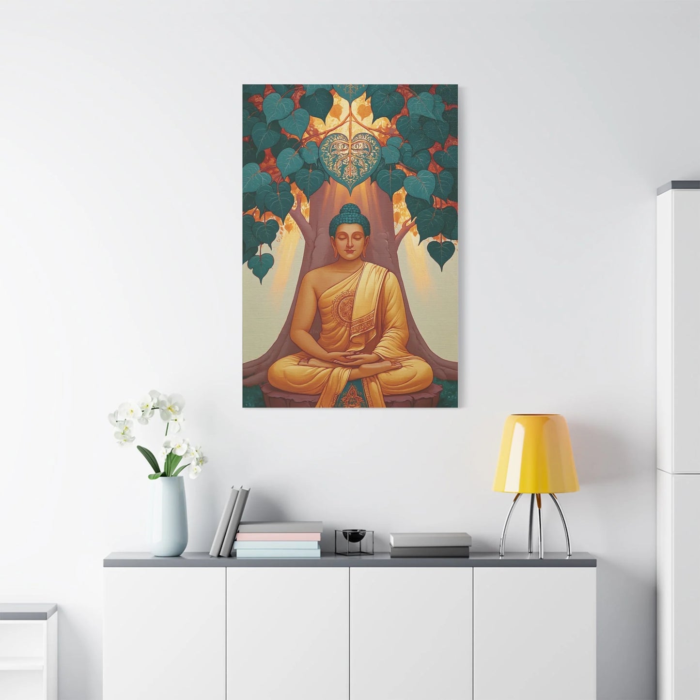 Tableau Bouddha sous l'Arbre Bodhi - Éveil de Bodh Gaya - vue mur grande hauteur