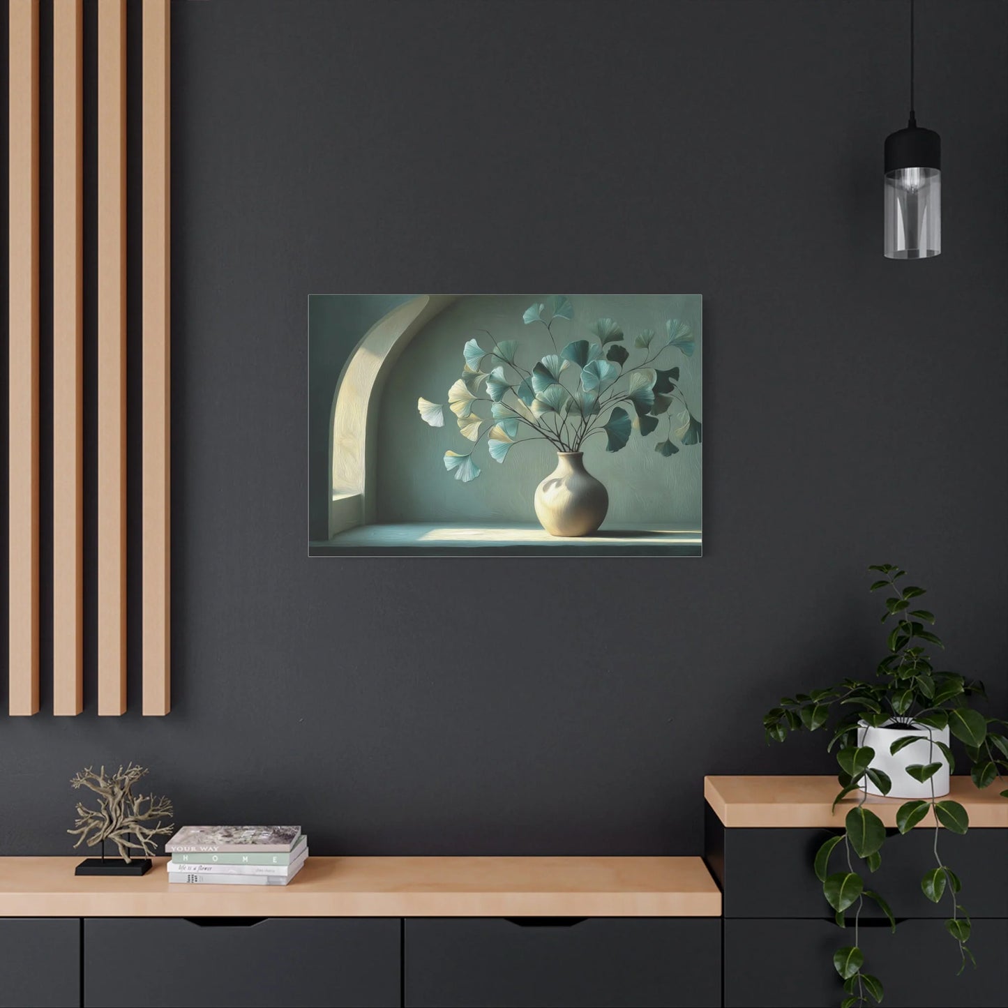 Tableau Bouquet ginkgo vert sauge atmosphère solaire