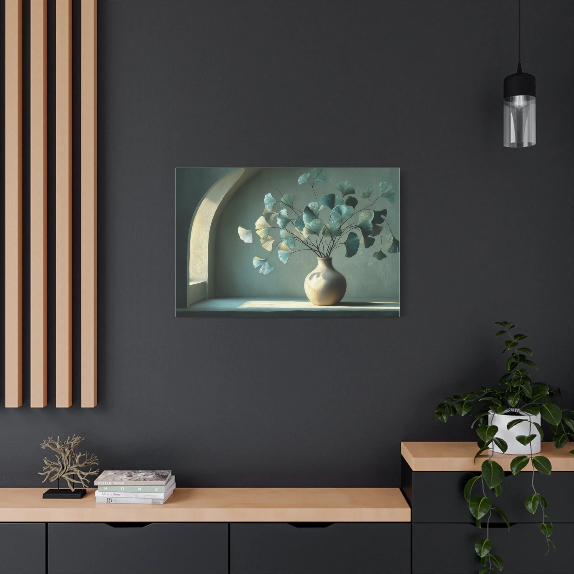 Tableau Bouquet ginkgo vert sauge atmosphère solaire