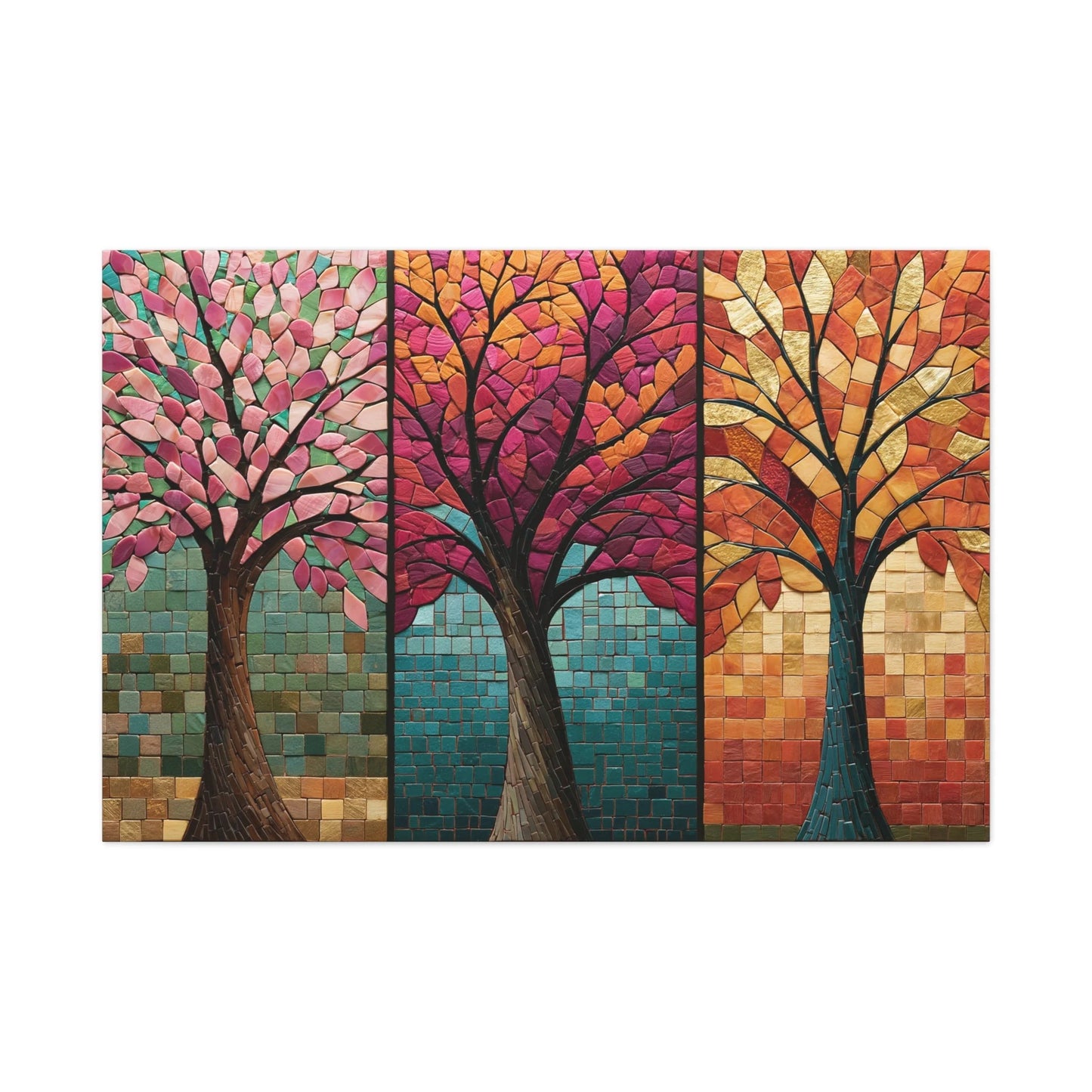 Tableau en Mosaïque Triptyque Arbre des Saisons - Cycle Vivant - mise en scène entrée moderne