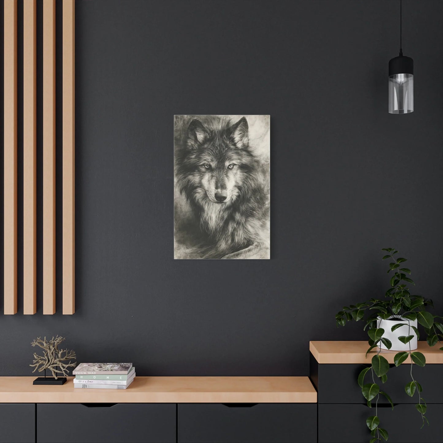 Tableau Loup Portrait - Fusain Noir et Blanc - vue intérieur architecte